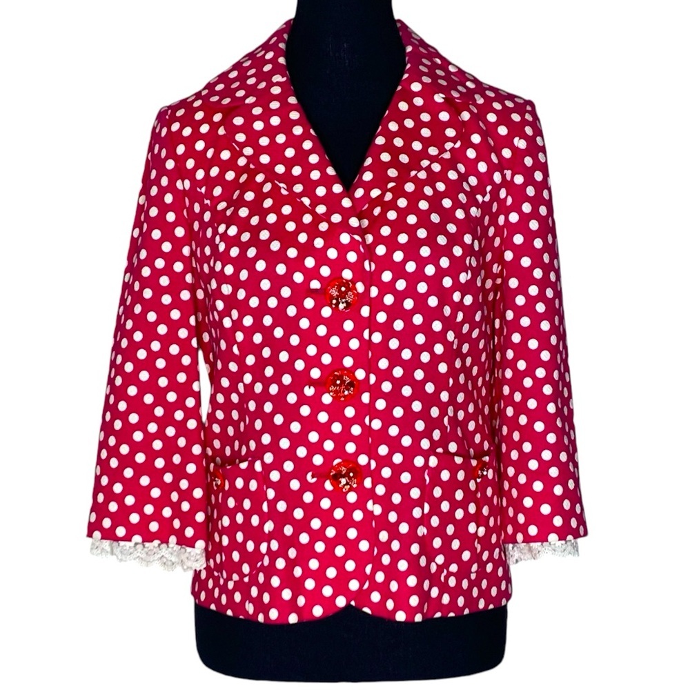 LUCIANO CHOI Hot Pink White Polka Dot Blazer Jacket Bow Lace Size Medium